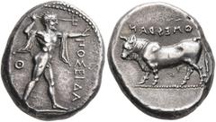 Greek LUCANIA. Poseidonia. Circa 420-410 BC. Stater (Silver, 20 mm, 7.72 g, 6 h). ΠΟΣEIΔA Poseidon striding to right, his left arm outstretched, brandishing trident with his right hand and with chlamy
