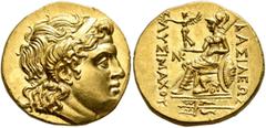 Greek KINGS OF THRACE. Lysimachos, 305-281 BC. Stater (Gold, 19 mm, 8.50 g, 12 h), Byzantion, circa 210-195. Diademed head of Alexander the Great to right, with horn of Ammon over his ear. Rev. ΒΑΣΙΛΕ
