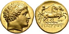 Greek KINGS OF MACEDON. Philip II, 359-336 BC. Stater (Gold, 19 mm, 8.62 g, 12 h), Pella, struck under Philip II or Alexander III, circa 340/36-328. Laureate head of Apollo to right. Rev. ΦΙΛΙΠΠOY Cha