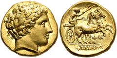 Greek KINGS OF MACEDON. Philip II, 359-336 BC. Stater (Gold, 18 mm, 8.62 g, 9 h), Pella, struck under Philip II or Alexander III, 340/36-328. Laureate head of Apollo to right. Rev. ΦΙΛΙΠΠOY Charioteer