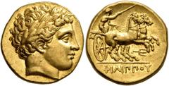 Greek KINGS OF MACEDON. Philip II, 359-336 BC. Stater (Gold, 19 mm, 8.59 g, 10 h), Pella, struck under Philip II or Alexander III, circa 340/36-328. Laureate head of Apollo to right. Rev. ΦΙΛΙΠΠOY Cha