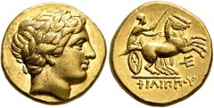 Greek KINGS OF MACEDON. Philip II, 359-336 BC. Stater (Gold, 18 mm, 8.62 g, 9 h), Amphipolis, struck under Philip II or Alexander III, 340/36-328. Laureate head of Apollo to right. Rev. ΦΙΛΙΠΠOY Chari