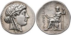 Greek IONIA. Smyrna. Circa 190/89-180 BC. Drachm (Silver, 20 mm, 4.19 g, 12 h), Homereia issue. Laureate head of Apollo to right, with two locks of hair falling down his neck. Rev. ΣΜΥΡΝΑΙΩΝ The Poet 