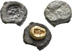 Greek KINGS OF LYDIA. Alyattes to Kroisos, circa 610-546 BC. Obverse Coin Die for a Trite (Bronze, 22 mm, 19.03 g), Sardes. Head of a lion with sun and rays on its forehead to right (engraved incuse a