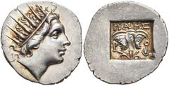Greek ISLANDS OFF CARIA, Rhodos. Rhodes. Circa 88-84 BC. Drachm (Silver, 18 mm, 1.77 g, 12 h), 'Plinthophoric' coinage. Maes, magistrate. Radiate head of Helios to right. Rev. ΜΑΗΣ / P - O Rose with b