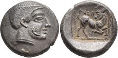 Greek PHILISTIA (PALESTINE). Uncertain mint. Mid 5th century-333 BC. Drachm (Silver, 15 mm, 3.57 g, 9 h). Laureate male head to right, wearing plain necklace and with 𐡁 (retrograde 'b' in Aramaic) on
