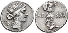 Roman Republican & Imperatorial Julius Caesar, 49-44 BC. Denarius (Silver, 19 mm, 3.95 g, 9 h), military mint moving with Caesar in Spain, 48-47. Diademed female head (Clementia?) to right, wearing oa