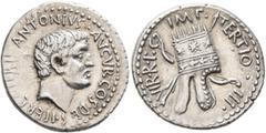 Roman Republican & Imperatorial Mark Antony, 44-30 BC. Denarius (Silver, 20 mm, 3.90 g, 3 h), Antiochia on the Orontes or a military mint travelling with Canidius Crassus in Armenia, 37. ANTONIVS•AVGV