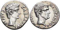 Roman Imperial Augustus, with Agrippa, 27 BC-AD 14. Denarius (Silver, 18 mm, 3.75 g, 10 h), C. Sulpicius Platorinus, moneyer, Rome, 13 BC. CAESAR AVGVSTVS Bare head of Augustus to right. Rev. M AGRIPP