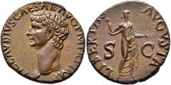 Roman Imperial Claudius, 41-54. As (Copper, 26 mm, 9.74 g, 7 h), Rome or an uncertain provincial mint (in Thrace?), 50-54. TI CLAVDIVS CAESAR AVG P M TR P IMP Bare head of Claudius to left. Rev. LIBER