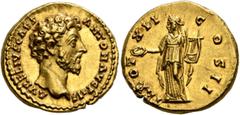 Roman Imperial Marcus Aurelius, 161-180. Aureus (Gold, 18 mm, 7.31 g, 12 h), Rome, 157-158. AVRELIVS CAES ANTON AVG PII F Bare head of Marcus Aurelius to right. Rev. TR POT XII COS II Apollo standing 