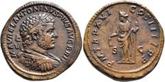 Roman Imperial Caracalla, 198-217. Sestertius (Orichalcum, 34 mm, 25.09 g, 12 h), Rome, 213. M AVREL ANTONINVS PIVS AVG BRIT Laureate and cuirassed bust of Caracalla to right, seen from behind. Rev. P