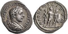 Roman Imperial Elagabalus, 218-222. Denarius (Silver, 20 mm, 2.99 g, 11 h), Rome, 218-219. IMP CAES M AVR ANTONINVS AVG Laureate, draped and cuirassed bust of Elagabalus to right, seen from behind. Re