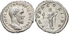 Roman Imperial Pupienus, 238. Denarius (Silver, 20 mm, 2.87 g, 12 h), Rome, circa April-June 238. IMP C M CLOD PVPIENVS AVG Laureate, draped and cuirassed bust of Pupienus to right, seen from behind. 