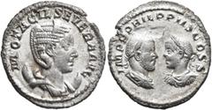 Roman Imperial Otacilia Severa, with Philip I and Philip II, Augusta, 244-249. Antoninianus (Silver, 22 mm, 3.77 g, 1 h), festive emission on the appointment of Philip II to Augustus. Rome, summer 247