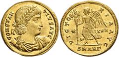 Roman Imperial Constantius II, 337-361. Solidus (Gold, 22 mm, 4.53 g, 5 h), Antiochia, 337-347. CONSTAN-TIVS AVG Laureate, draped and cuirassed bust of Constantius II to right. Rev. VICTO-RIA AVG / SM