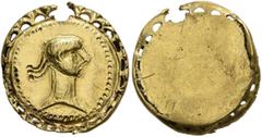 The Aurum Barbarorum Collection IV UNCERTAIN GERMANIC TRIBES, Aurum Barbarorum. Late 3rd-early 4th centuries. 'Quinarius' (Gold, 15 mm, 2.03 g). Male imperial head to right, with three incuse ribbons 