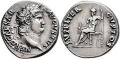 The Agricola Collection Nero, 54-68. Denarius (Silver, 18 mm, 3.44 g, 6 h), Rome, circa 64-65. NERO CAESAR AVGVSTVS Laureate head of Nero to right. Rev. IVPPITER CVSTOS Jupiter seated left on throne, 