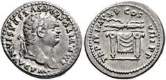 The Agricola Collection Titus, 79-81. Denarius (Silver, 18 mm, 3.48 g, 6 h), Rome, 1 January-30 June 80. IMP TITVS CAES VESPASIAN AVG P M Laureate head of Titus right. Rev. TR P IX IMP XV COS VIII P P
