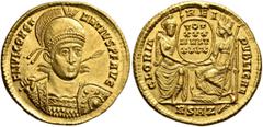 The Agricola Collection Constantius II, 337-361. Solidus (Gold, 20 mm, 4.52 g, 6 h), Rome, 355-357. FL IVL CONST-ANTVS P F AVG Helmeted, pearl-diademed and cuirassed bust of Constantius II facing, his