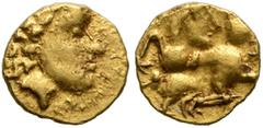 Celtic CENTRAL EUROPE. Vindelici. Early 2nd century BC. 1/24 Stater (Gold, 6 mm, 0.32 g, 2 h), 'Androkephales Pferd II' type. Male head to right, wearing diadem (?) and long wavy hair. Rev. Man-headed