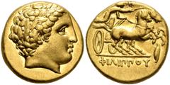 Greek KINGS OF MACEDON. Philip II, 359-336 BC. Stater (Gold, 17 mm, 8.60 g, 11 h), Pella, struck under Philip II or Alexander III, circa 340-328. Laureate head of Apollo to right. Rev. ΦΙΛΙΠΠOY Chario