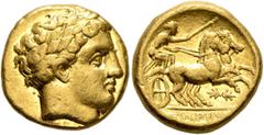 Greek KINGS OF MACEDON. Philip II, 359-336 BC. Stater (Gold, 16 mm, 8.60 g, 1 h), Pella, struck under Antipater or Polyperchon under Philip III, circa 323-318/7. Laureate head of Apollo to right. Rev.