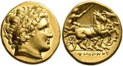 Greek KINGS OF MACEDON. Philip II, 359-336 BC. Stater (Gold, 19 mm, 8.63 g, 12 h), Lampsakos, struck under Leonnatos, Philip III Arrhidaios or Antigonos I Monophthalmos, circa 323-317. Laureate head o