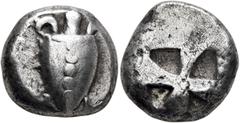 Greek ISLANDS OFF ATTICA, Aegina. Circa 525-480 BC. Stater (Silver, 19 mm, 12.35 g). Sea turtle seen from above, head in profile, with thick collar and row of dots down its back. Rev. Incuse square wi