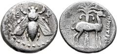 Greek IONIA. Ephesos. Circa 202-150 BC. Drachm (Silver, 20 mm, 3.89 g, 12 h), Demetrios, magistrate. E-Φ Bee. Rev. [Δ]ΗΜΗΤΡΙΟ[Υ] Stag standing right; palm tree in background. Kinns, Attic, p. 86. SNG 