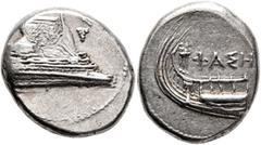 Greek LYCIA. Phaselis. 4th century BC. Stater (Silver, 22 mm, 10.40 g, 2 h). Prow to right, the fighting platform decorated with a wreath; to right, grape bunch. Rev. ΦAΣH Stern to left; above, tripod