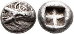 Greek DYNASTS OF LYCIA. Uncertain dynast, circa 500-480 BC. Tetrobol or Third Stater (Silver, 13 mm, 3.03 g), Protodynastic Group A, uncertain mint. Head of a boar to right. Rev. Quadripartite incuse 