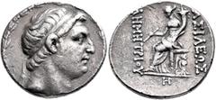 Greek SELEUKID KINGS OF SYRIA. Demetrios I Soter, 162-150 BC. Tetradrachm (Silver, 29 mm, 12.87 g, 1 h), Antiochia on the Orontes. Diademed head of Demetrios I to right within laurel wreath. Rev. [Β]Α