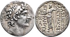 Greek SELEUKID KINGS OF SYRIA. Antiochos VIII Epiphanes (Grypos), 121/0-97/6 BC. Tetradrachm (Silver, 27 mm, 16.62 g, 12 h), Antiochia on the Orontes. Diademed head of Antiochos VIII to right. Rev. ΒΑ
