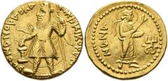 Central Asian INDIA, Kushan Empire. Kanishka I, circa 127/8-152. Dinar (Gold, 20 mm, 7.93 g, 12 h), early phase, Baktria, probably Balkh. þAONANOþA KANηþKO KOþANO ('King of Kings, Kanishka the Kushan'