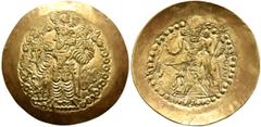 Central Asian KUSHANO-SASANIANS. Bahram III (Kidara), circa 350-?. Dinar (Electrum, 35 mm, 7.46 g, 12 h), struck by Kidara in the name of Bahram III, Balkh. 'BAΓO OAPAYPANO O-OOZOPKO KOÞANO ÞAYO ('His