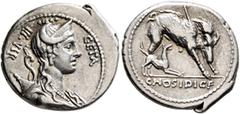 Roman Republican & Imperatorial C. Hosidius C.f. Geta, 64 BC. Denarius (Silver, 20 mm, 3.89 g, 6 h), Rome. GETA - [III] VIR Diademed and draped bust of Diana to right, with bow and quiver over her sho