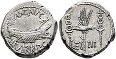 Roman Republican & Imperatorial Mark Antony, 44-30 BC. Denarius (Silver, 17 mm, 3.92 g, 6 h), military mint moving with Mark Antony (Patrae?), 32-31. ANT AVG - III VIR•R•P•C Galley right, with scepter