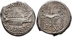 Roman Republican & Imperatorial Mark Antony, 44-30 BC. Denarius (Silver, 16 mm, 3.65 g, 6 h), military mint moving with Mark Antony (Patrae?), 32-31 BC. ANT•AVG - III VIR•R•P•C Galley right, with scep