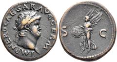 Roman Imperial Nero, 54-68. As (Copper, 27 mm, 10.72 g, 6 h), Rome, 66. IMP NERO CAESAR AVG GERM Laureate head of Nero to right. Rev. S - C Victory flying left, holding shield inscribed S P Q R with b
