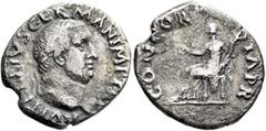 Roman Imperial Vitellius, 69. Denarius (Silver, 19 mm, 3.01 g, 6 h), Rome, late April-20 December 69. A VITELLIVS GERMAN IMP TR P Laureate head of Vitellius to right. Rev. CONCORDIA P R Concordia seat