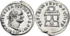 Roman Imperial Titus, 79-81. Denarius (Silver, 19 mm, 3.53 g, 6 h), Rome, January-June 80. IMP TITVS CAES VESPASIAN AVG P M Laureate head of Titus to right. Rev. TR P IX IMP XV COS XVIII P P Curule ch