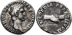 Roman Imperial Nerva, 96-98. Denarius (Silver, 17 mm, 3.39 g, 6 h), Rome, 97. IMP NERVA CAES AVG P M TR P II COS III P P Laureate head of Nerva to right. Rev. CONCORDIA EXERCITVVM Clasped right hands.