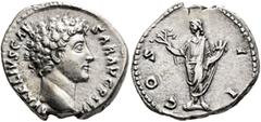 Roman Imperial Marcus Aurelius, as Caesar, 139-161. Denarius (Silver, 19 mm, 3.44 g, 6 h), Rome, 146. AVRELIVS CAESAR AVG PII F Bare head of Marcus Aurelius to right. Rev. COS II Honos, togate, standi