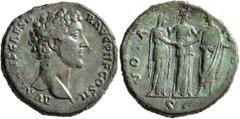 Roman Imperial Marcus Aurelius, as Caesar, 139-161. Sestertius (Orichalcum, 32 mm, 29.07 g, 12 h), Rome, 147-148. AVRELIVS CAESAR AVG PII F COS II Bare head of Marcus Aurelius to right. Rev. VOTA [PVB