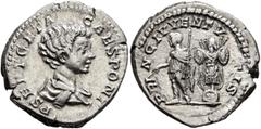Roman Imperial Geta, as Caesar, 198-209. Denarius (Silver, 19 mm, 3.13 g, 12 h), Rome, 201-202. P SEPT GETA CAES PONT Bare-headed and draped bust of Geta to right, seen from behind. Rev. PRINC IVVENTV