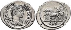 Roman Imperial Geta, as Caesar, 198-209. Denarius (Silver, 23 mm, 3.62 g, 12 h), Rome, 203-208. P SEPTIMIVS GETA CAES Bare-headed and draped bust of Geta to right, seen from behind. Rev. COS Geta stan