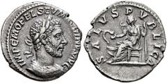 Roman Imperial Macrinus, 217-218. Denarius (Silver, 19 mm, 2.54 g, 12 h), Rome, spring-summer 217. IMP C M OPEL SEV MACRINVS AVG Laureate and cuirassed bust of Macrinus to right. Rev. SALVS PVBLICA Sa