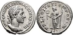 Roman Imperial Macrinus, 217-218. Denarius (Silver, 19 mm, 2.84 g, 12 h), Rome, spring-summer 217. IMP C M OPEL SEV MACRINVS AVG Laureate and cuirassed bust of Macrinus to right. Rev. FELICITAS TEMPOR