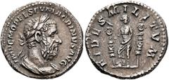 Roman Imperial Macrinus, 217-218. Denarius (Silver, 20 mm, 3.19 g, 6 h), Rome, March-June 218. IMP C M OPEL SEV MACRINVS AVG Laureate and cuirassed bust of Macrinus to right. Rev. FIDES MILITVM Felici